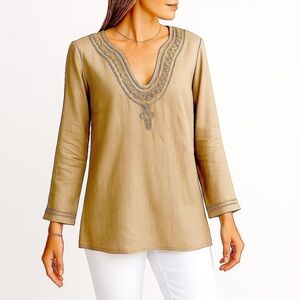 Rafaella 100% Linen Tunic V Neck Detailed Embroidery Stitching Slits Beige 8